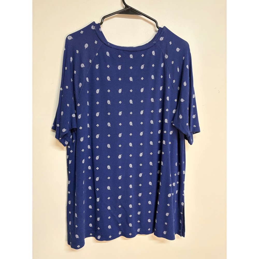 Isaac Mizrahi Live! V-Neck Short Sleeve Printed Blue/White Blouse Women's Size L - Picture 5 of 5
